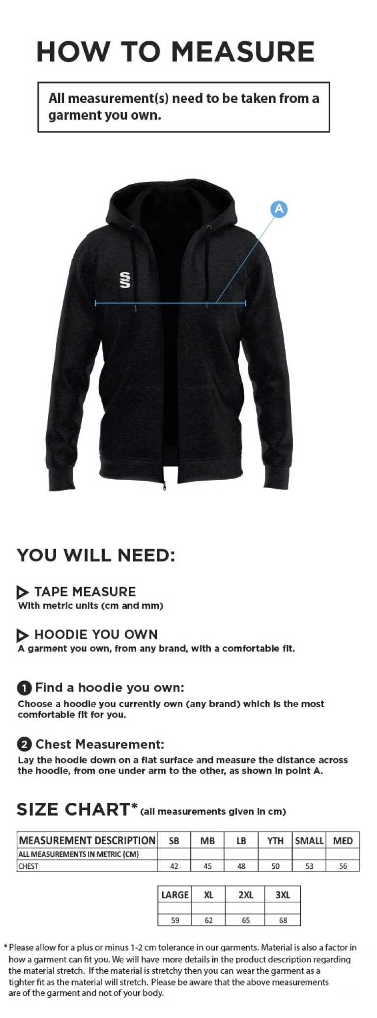 Read CC - Dual Full Zip Hoody - Size Guide