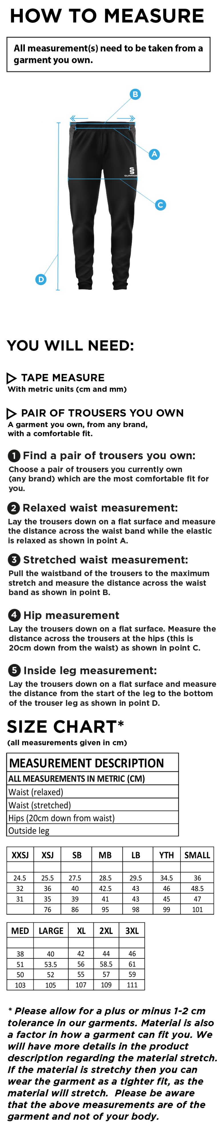 Read CC - Tek Skinny Training Pants - Size Guide