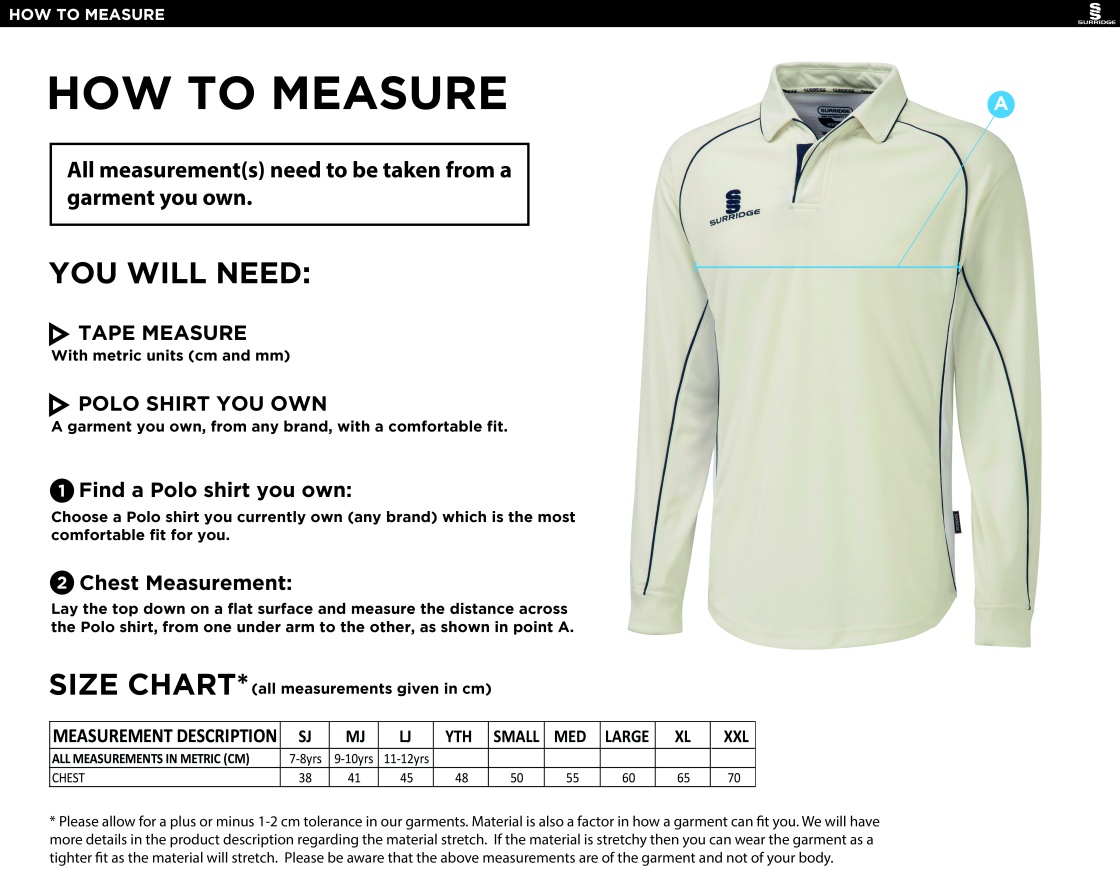 Read CC - Premier Long Sleeve Shirt - Size Guide