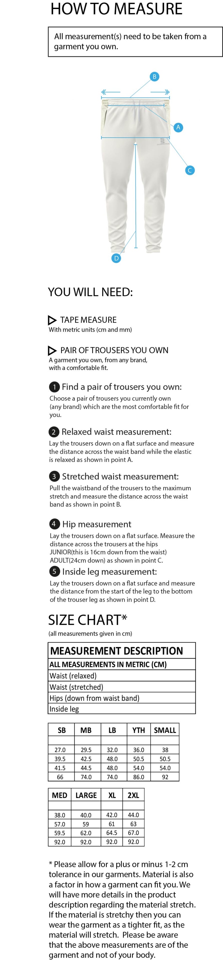 Read CC - Cricket Trousers - Size Guide